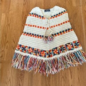 Knit Poncho with crochet details and Multicolor Fringe and Pom Pom ties